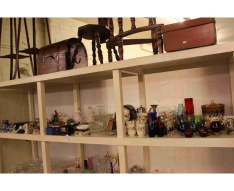 Large collection of glass, ceramics, books, mantel clock, metalwares, suitcase, etc.