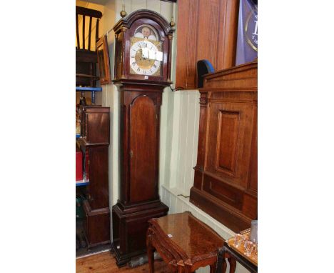 Antique mahogany eight day longcase clock having arched moon phase dial, signed Butler, Birmingham.