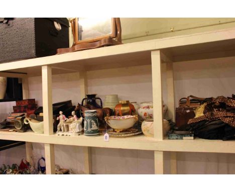 Shelf collection of jewellery boxes, planters, ceramic water bottle, annuals, silver and enamel Masonic jewel, scarves and ha
