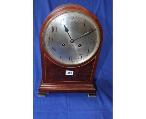 Mahogany and burr inlay mantel clock with eight day striking movement, 38cm.