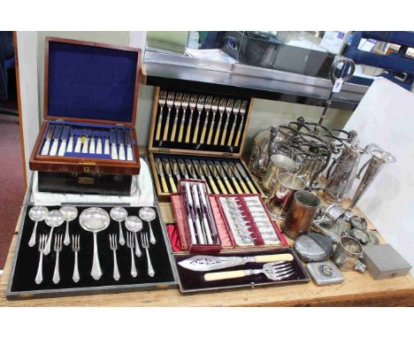 Collection of silver plate and flatware including cased mother-of-pearl handled dessert knives and forks, and large cruet sta