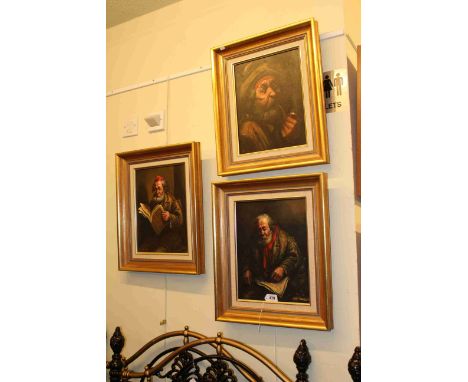 Set of three signed Continental portrait oils on canvas, 34cm by 26cm, framed.