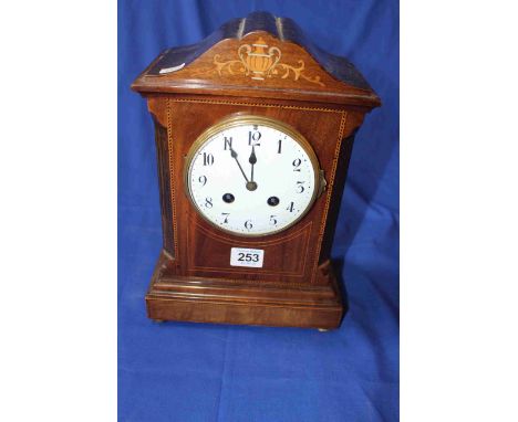 Edwardian inlaid mahogany striking mantel clock.