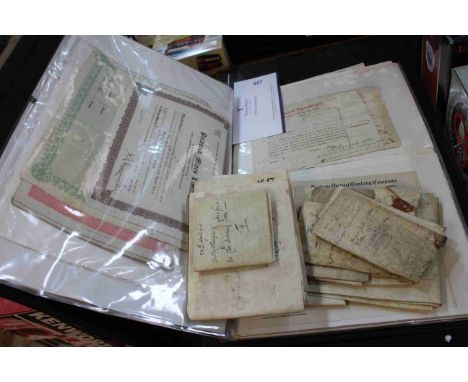 Folder of c1830's to 1950's stock and share certificates including 1832 Gravesend and Milton Steam Boat Co, 1809 Newcastle Ba