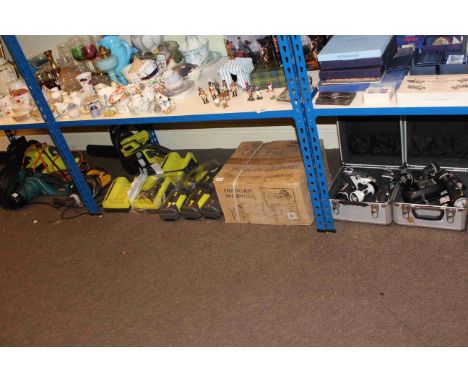 Three chain saws, leaf blower, power tools and rechargeable batteries.