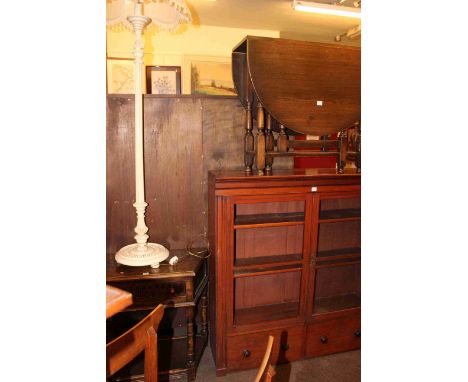 Oak canted corner hall table, standard lamp and shade, oak drop leaf dining table and Victorian bookcase section (4).