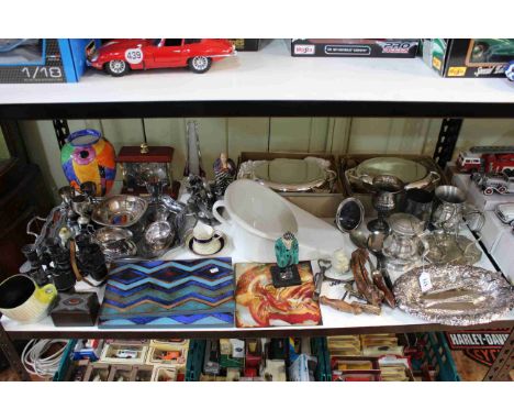 Shelf collection of silver plated wares, binoculars, cased glass ship, corkscrews, ceramics, etc.