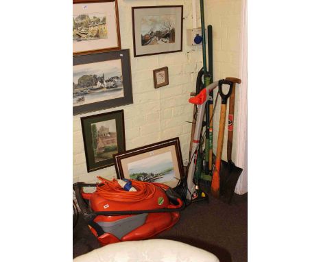 Flymo Hover Compact 300 mower and collection of power and hand garden tools.