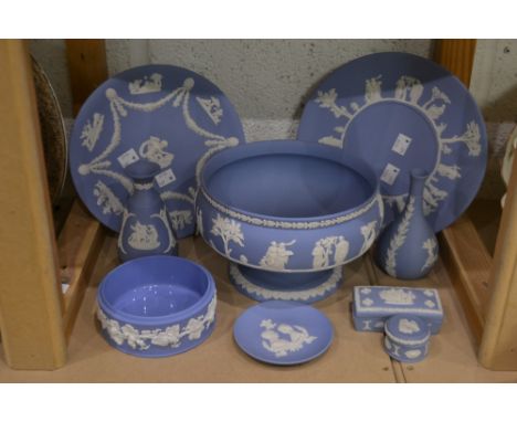 A Wedgwood Jasperware circular plate, the border decorated with deities in relief, 24cm diam;  another, similar, smaller;  a 