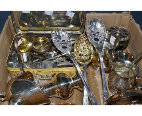 A pair of Victorian silver plated sardine servers; an EPNS pickle fork; EPNS berry spoons; others; qty.