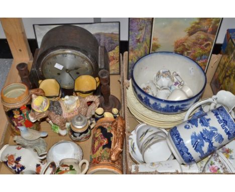An oak mantel clock; pair of treen candlesticks; set of Crown Ducal ornithological plates; Goss;  etc. (2 boxes)
