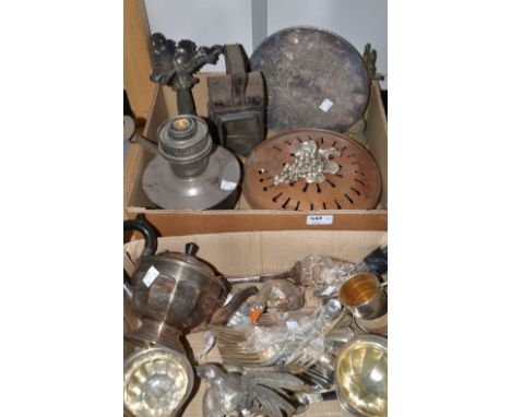 A silver plated three piece tea service; Victorian table centre; flatware; etc. (2 boxes)