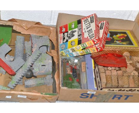 Juvenalia - a model fort; a Bayko building set, boxed; a Britains pig, sheep and farmer; Airfix Betta Bilda, set no1; another