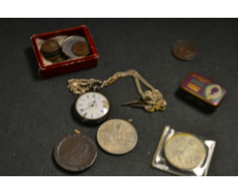 A George III cartwheel penny; etc.; a 19th century silver fob watch