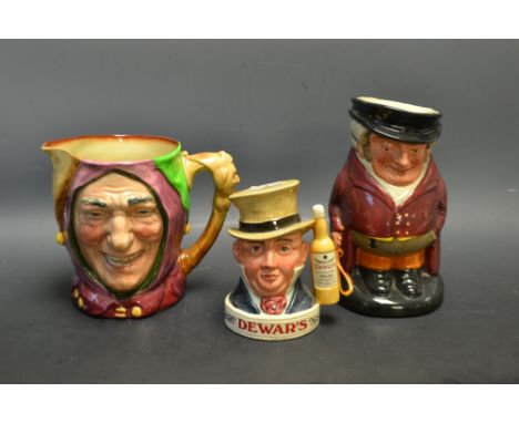 A Royal Doulton character jug, Touchstone the Jester, printer marks in green; another, The Huntsman; a miniature Royal Doulto