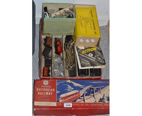 Juvenallia-trains Chad Valley overhead railway, clockwork, tin plate, boxed, Trix Train set, line side accessories set, boxed