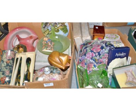 A Goebel figure; Leonardo bathroom set; a pair of Derby style porcelain floral plaques; Japanese honey pot; green glass Art D