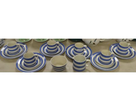 A T G Green Cornish ware tea set for six, including cups, saucers, side plates, sugar bowl etc, black target marks