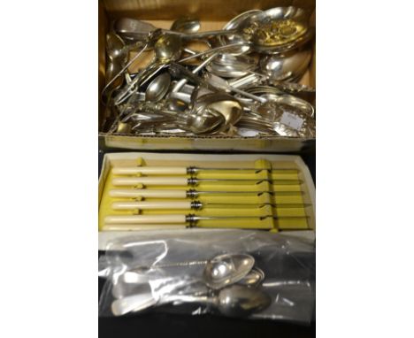 Silver and Silver Plate - a set of six silver teaspoons, London 1811; another, similar; a pair of silver sugar bows, Birmingh