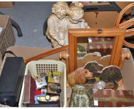 Boxes and Objects- costume jewellery, pair of binoculars, sculpture of a boy and girl, playing cards, etc. 