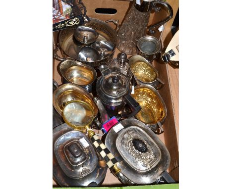 Silver plate - a Victorian silver plated three piece tea service;  another plain;  a pressed glass and silver plated claret j