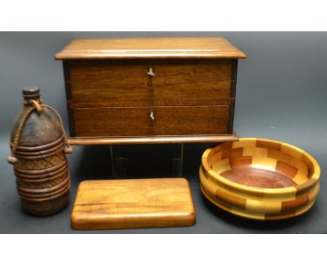 Boxes and Objects - a treen rectangular work box, hinged lid, one long drawer;  a circular leather flask; etc 