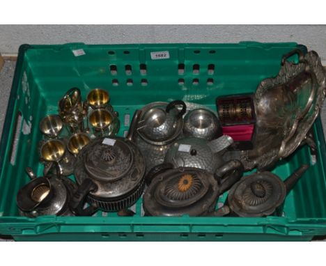 Metalware - a silver plated Rococo style basket;  an egg stand;  pewter tea service;  etc. 