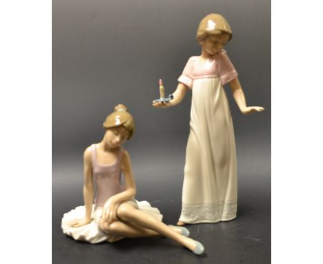 A Nao figure of a ballerina;  another, as a girl with a chamber candlestick (2)