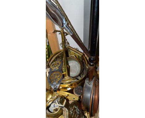 Metalware- brass and copper, wind bellows, mantel clock, horse shoes, coal bucket, copper bed pan etc. 