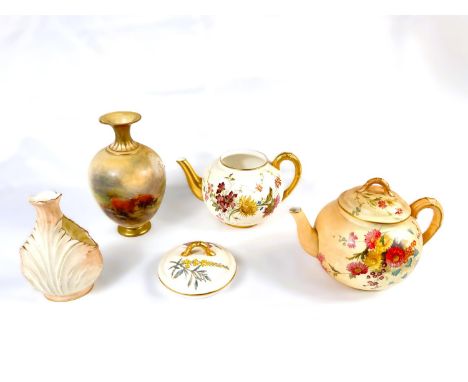 A Royal Worcester Harry Stilton vase decorated with highland cattle (a/f), 17cm, a teapot, another (no lid), an unmatched lid