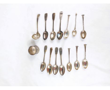 Two sets of six hallmarked silver tea spoons; a hallmarked silver napkin ring etc (various dates, 7oz.)