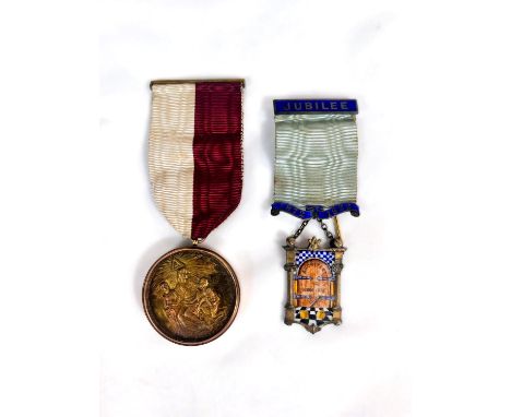 Masonic Interest, A hall marked silver enamel decorated Architect Lodge 1875 jewel, another silver Masonic jewel in 9ct gold 