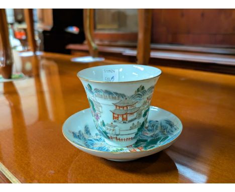A Chinese fine porcelain tea bowl and saucer with traditional decoration, seal mark to base, ht. 7.5cm, dia. 12.5cm.Condition