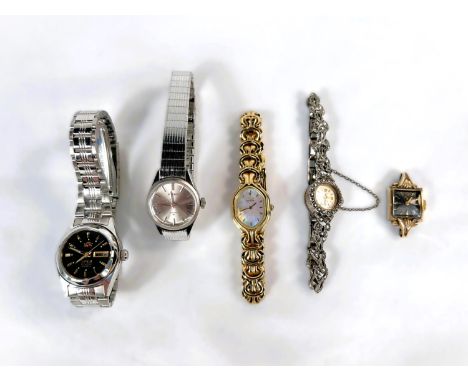 A vintage marcasite set lady's cocktail watch; 4 other ladies watches various styles, one without strap.