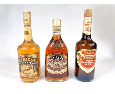 A 1 litre bottle of "Glayva" Scotch liqueur; a 1 litre bottle of "Apricot Brandy"; a 1 litre bottle of "De Kuyper Peach" schn