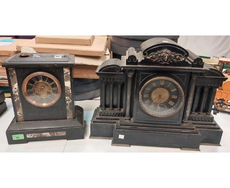 A 19th century architectural slate mantel clock and another smaller slate mantel clock with marble inlay