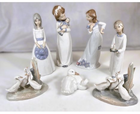 A Lladro figure: girl with candle, two Nao figures, three Nao animal groups and a similar figure.