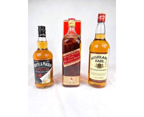 A 70cl bottle of White &amp; Mackay scotch whisky; a 1 litre bottle of Highland Earl scotch whisky; Red Label scotch whisky, 