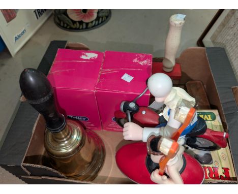 A 19th century brass bell; a vintage football rattle, 3 originally boxed novelty mugs and a Wallace &amp; Gromit motorbike gr