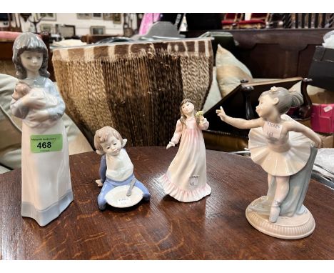 Three Nao figures of children: a Royal Doulton figure "Flowers for Mother" and four Royal Copenhagen style black and white pl