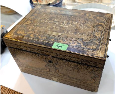 A 19th century Chinese tea caddy with gilt decoration of traditional scenes, with etched pewter lid and two compartments insi