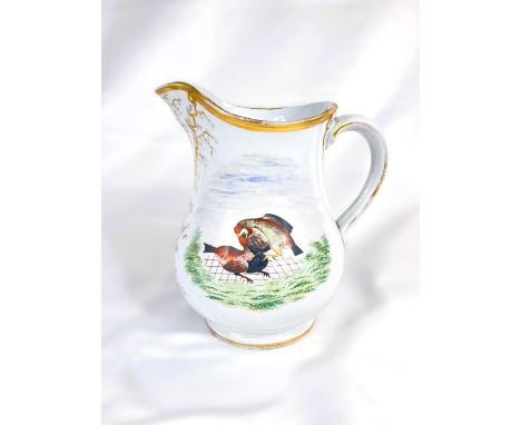 A mid 19th century jug depicting cock fight in two enamel panels with gilt text James Clarke Fenton, Staffordshire 1857 heigh