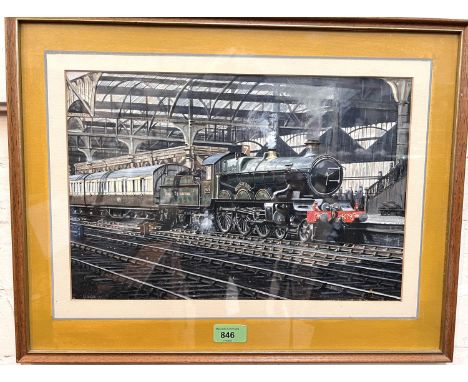 G. Broom; 'Pendennis Castle 4079 in Snow Hill Station', Great Western Steam engine by station platform, water colour, signed,