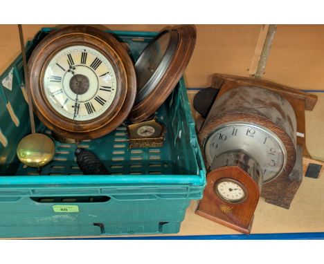 A mahogany cased wall hanging postman clock, small Edwardian mantel clock, French Bakelite clock by Jazz etc