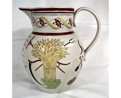 An early 19th century Staffordshire Pearlware commemorative jug with enamel harvest decoration, Henry &amp; Elizabeth Clark i