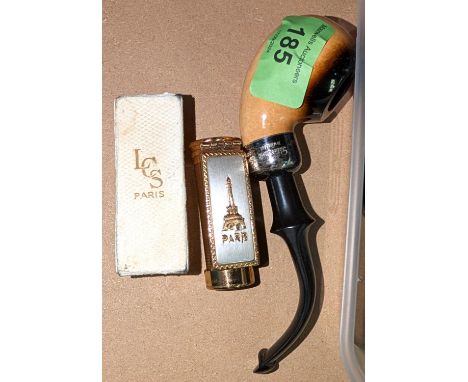 A Petersons of Dublin pipe with Meerschaum bowl Irish Silver Mount, a vintage Parisian LCS (boxed) lipstick compact.