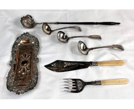 A silver punch ladle with ebonised handle, etc.