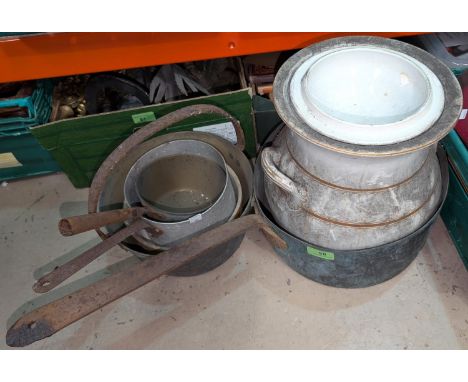 A collection of vintage cook pans, enamel pot etc.