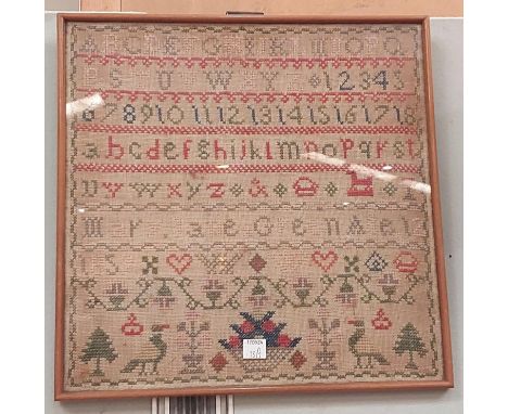 A framed early 19th century alphabet sampler, Mary Jane Green 1859.