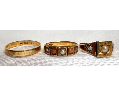 A Victorian gold ring set pearl and 2 diamonds, another and a wedding band, all 18ct, 8.2gms.